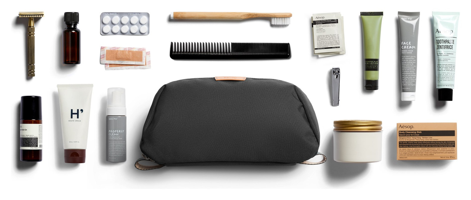 Bellroy Toiletry Kit Plus – přehled rozloženého obsahu