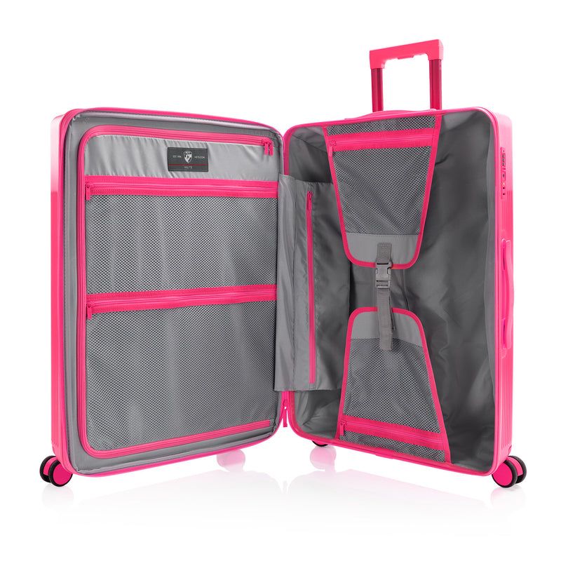 Heys HiLite L Flamingo Pink – Přepážka, síťované kapsy a popruhy