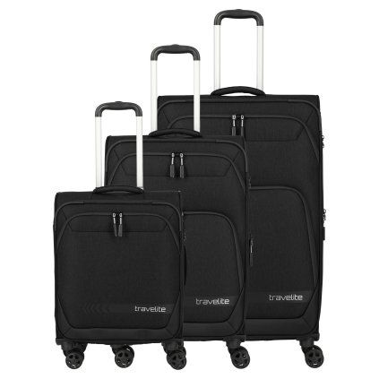Sada cestovních kufrů Travelite Kick Off 4w S, M exp, L exp Black – celkový pohled